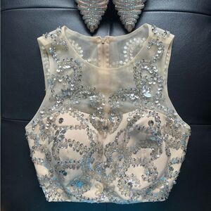 EMBELLISHED Sequin Crop Top Cream Silver Small S